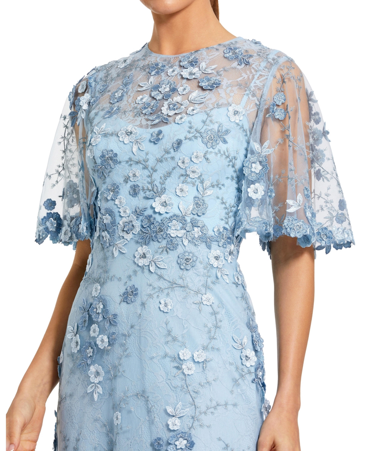 Mac Duggal Women's Flutter Sleeve Floral Emboridered Net Gown