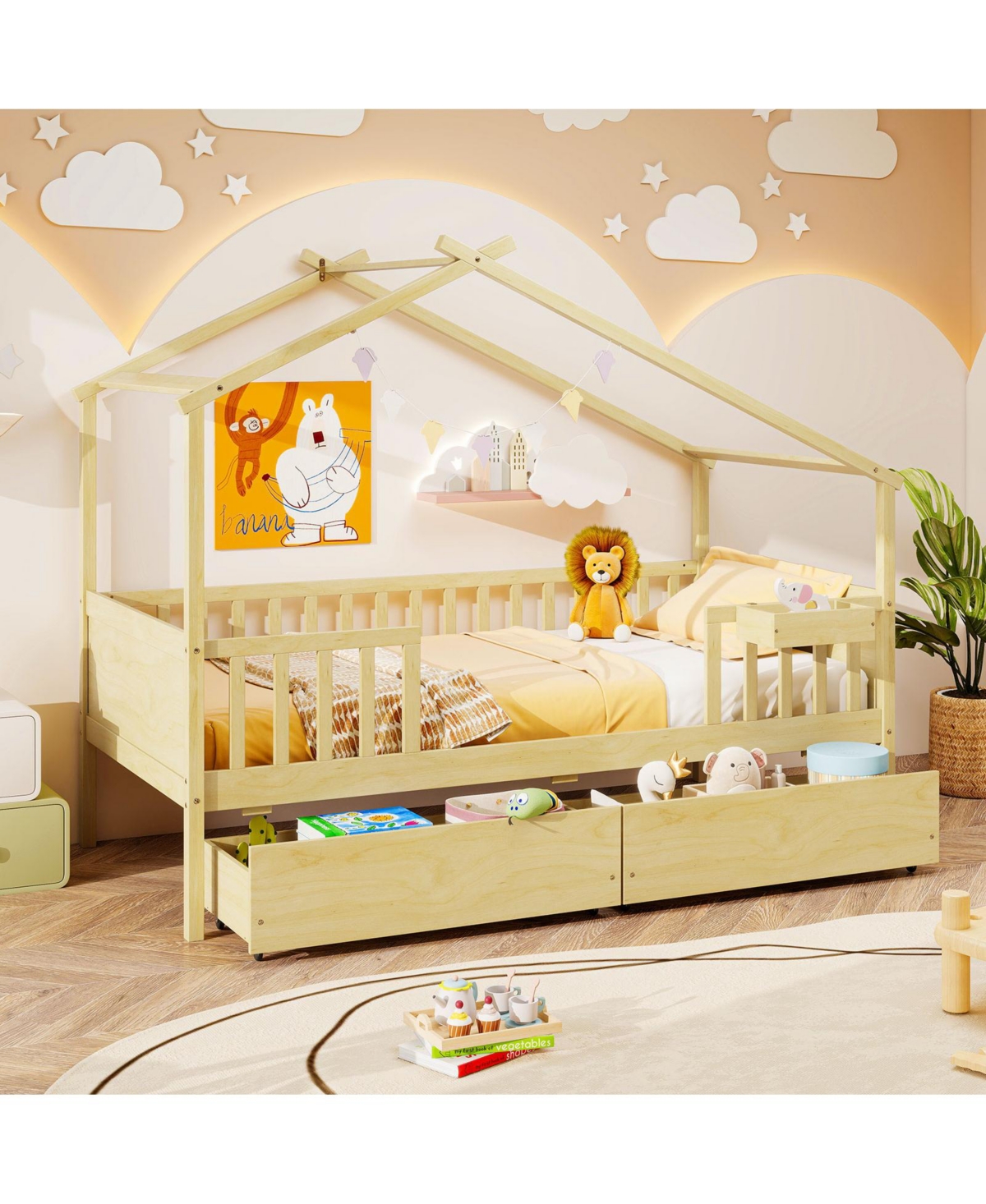 Slickblue Twin House Bed with 2 Storage Drawers and Roof & Fence Rails-White