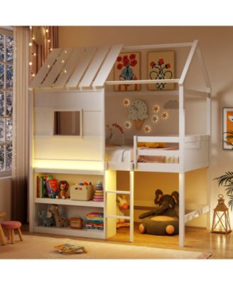 Pine Wood / Plywood / Engineered Wood LED Lighting and Built-In Bookshelf Kids Twin Loft Bed - 44