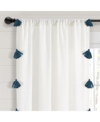 Boho Faux Linen Texture Tassel Window Curtain Panel Single 52"W x 84"L White & Turquoise - White Curtains For Bedroom