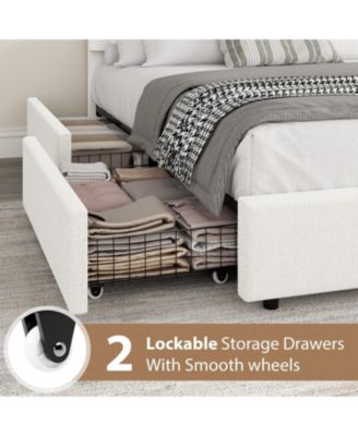 Queen Bed Frame with Storage Drawers, Boucle Upholstered Platform, Round Headboard, Heavy-Duty, Noise-Free, No Box Spring, White