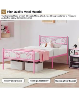 Twin Metal Platform Bed Frame with Headboard and Footboard, Steel Slat Support, Pink