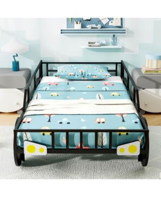 Kids Twin Size Car Bed Frame with Safety Rails and Metal Frame - 42