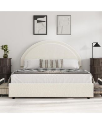 Full Bed Frame with Storage Drawers, Upholstered Boucle Platform, Round Headboard, Heavy Duty, Noise-Free, No Box Spring, Beige