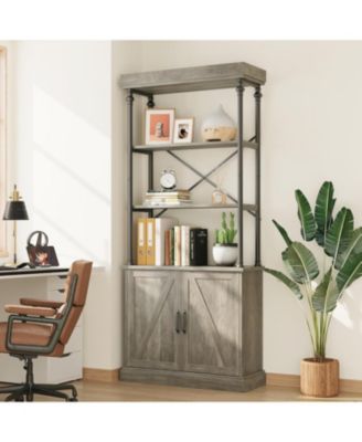 Tall Bookshelf with Doors, Industrial Freestanding Wood & Metal Bookcase, Storage Shelf Organizer for Bedroom and Living Room