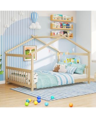 Montessori Full Size Floor Bed with House Frame and Headboard