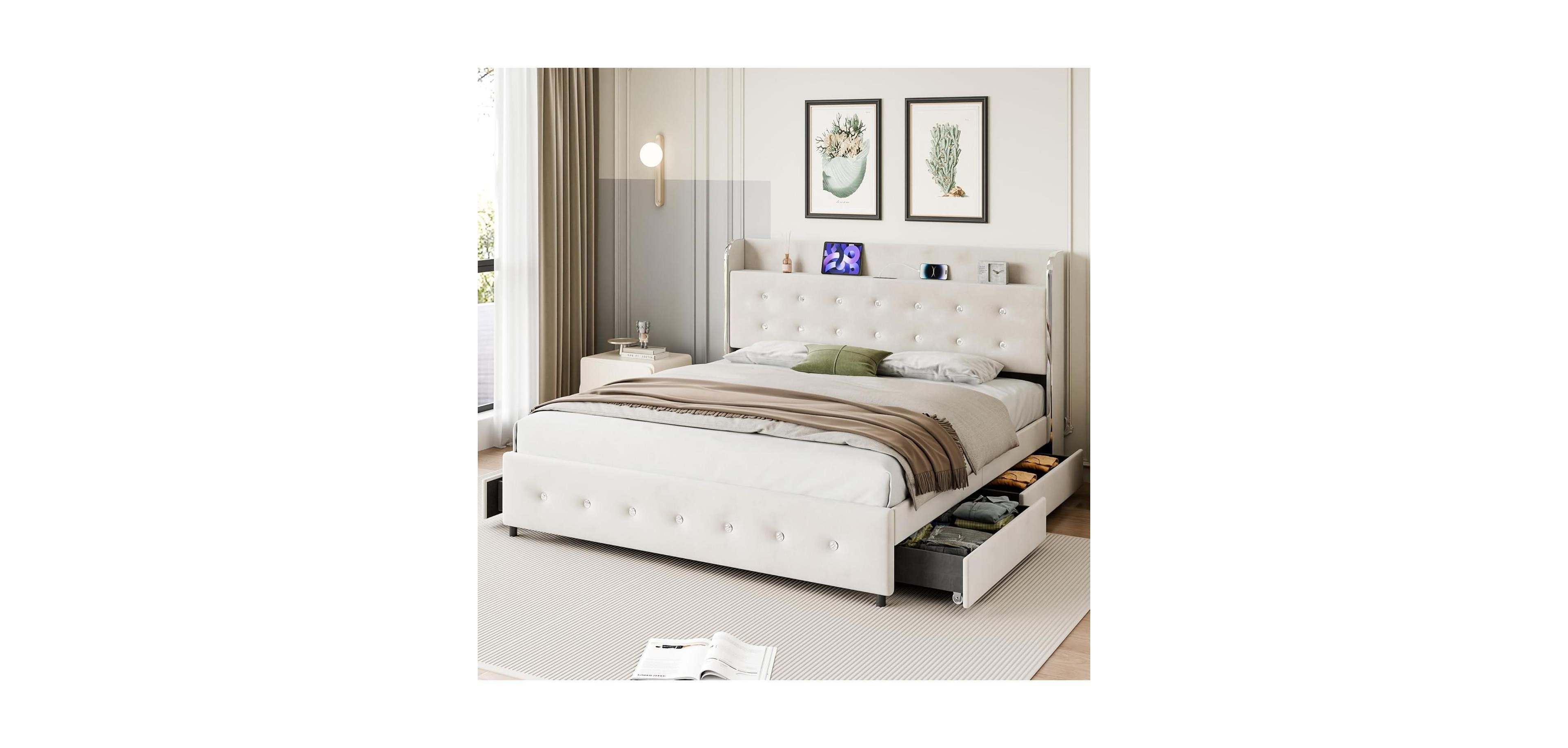 gaomon Queen Upholstered Platform Bed Frame with Trundle