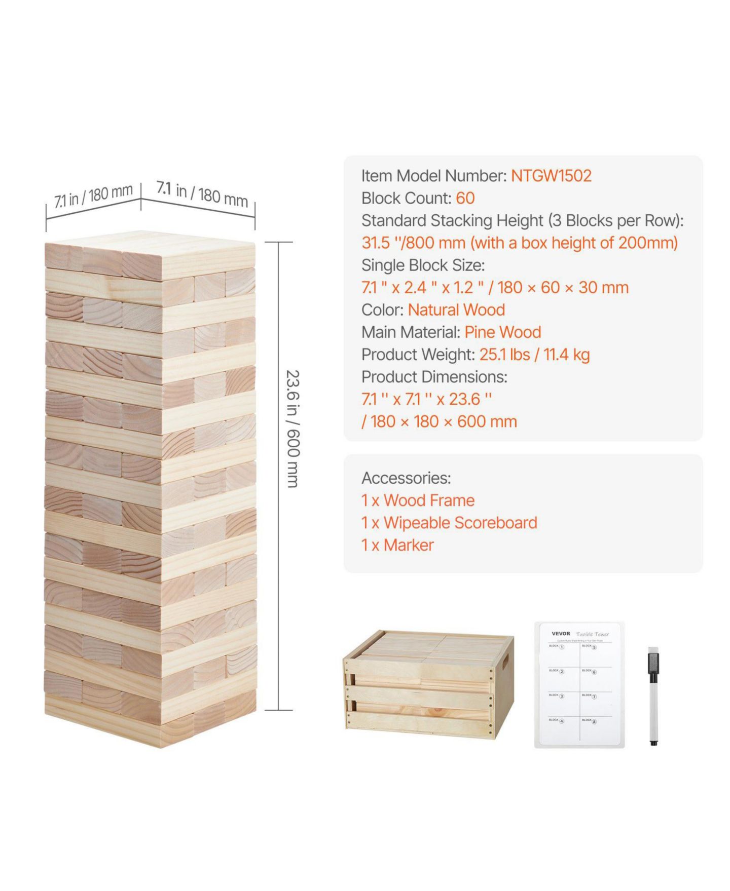 Детские настольные игры SUGIFT Giant Pinewood Tumbling Tower 60-Piece Board Game, от 3 лет, цвет: Бежевый — фото 3