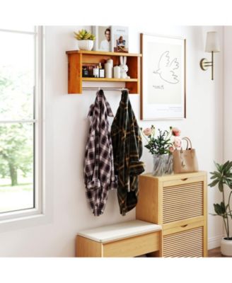 Wall-Mount 2-Tier Solid Teak Wood Bathroom Shelf with Towel Bar