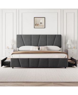 King Bed Frame with Adjustable Headboard, 4 Storage Drawers