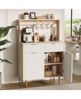 "Fluted Sideboard Buffet Cabinet with Storage, Modern Coffee Bar Cabinet with Adjustable Shelves & 2 Drawers, Wood Console for Kitchen"