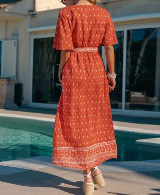 Women's Bohemian Printed Maxi Dress with Belt
