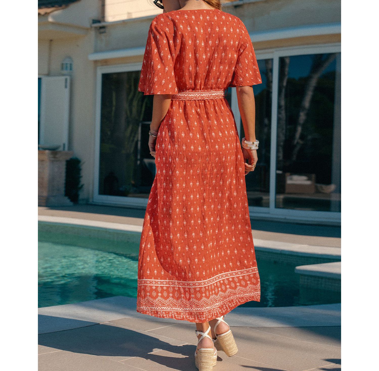 Women's Bohemian Printed Maxi Dress with Belt