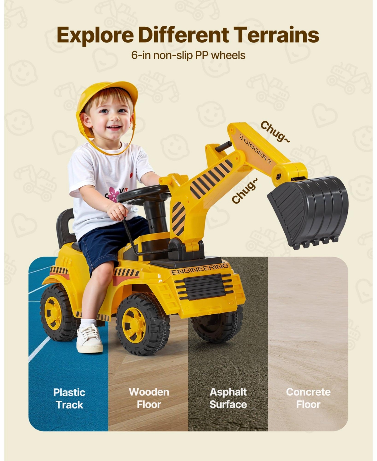 Sugift Excavator Ride-On Push Car with Realistic Sounds, Helmet & Music