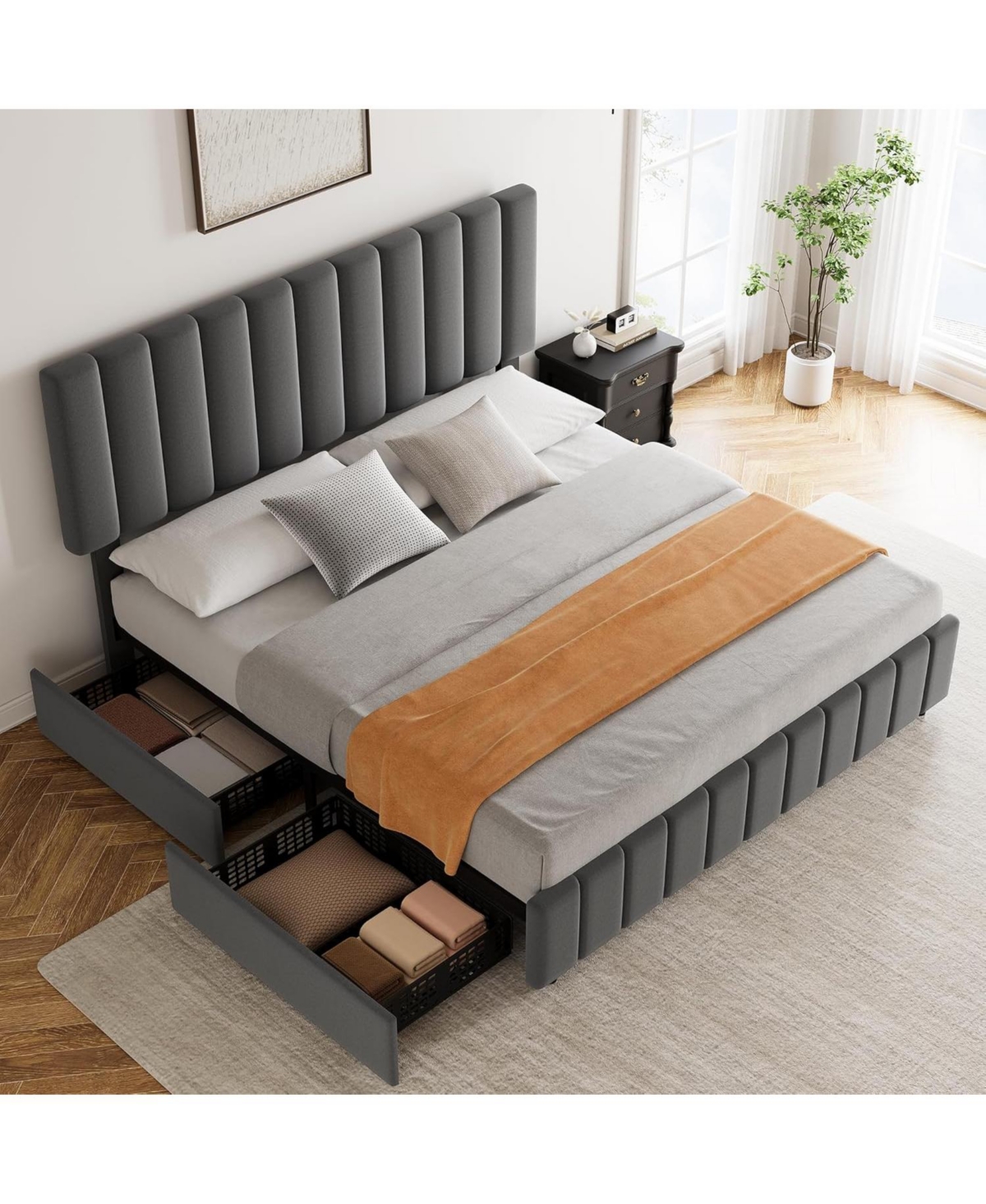gaomon Queen Linen Upholstered Platform Bed Frame with Storage Drawers, Adjustable Headboard