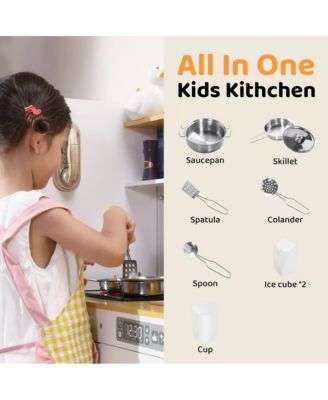 Pretend Play Kitchen Wooden Toy Set for Kids w/Lights & Sounds, Utensils, Oven, Microwave