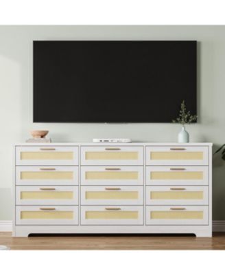 12 Drawer Dresser for Bedroom, Wood Storage Organizer with Rattan Panel Drawers and Handles - Modern Rattan Chest of Drawers