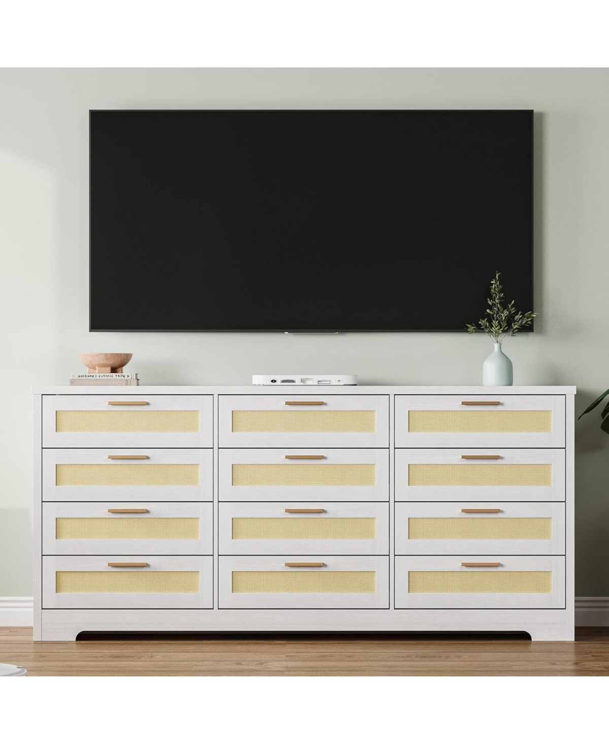 gaomon 12 Drawer Dresser for Bedroom, Wood Storage Organizer with Rattan Panel Drawers and Handles - Modern Rattan Chest of Drawers