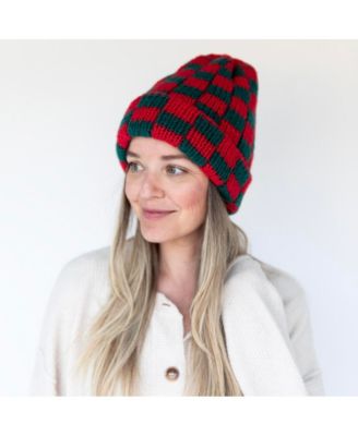 Women's Two-Tone Checkerboard Knit Beanie - Red + Green