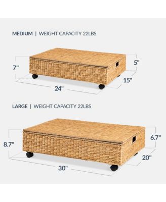 2PC Water Hyacinth Nesting Underbed Storage Baskets with Wheels