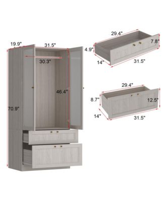 Wardrobe Closet with 2 Glass Doors & 2 Drawers, Wardrobe Closet Armoire with Hanging Rod