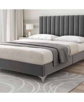 Queen Velvet Adjustable Platform Bed with Headboard, Strong Wood Slats, Noise-Free, No Box Spring, Dark Grey
