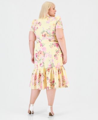 Plus Size Printed Belted Tiered Cotton Poplin Midi Dress