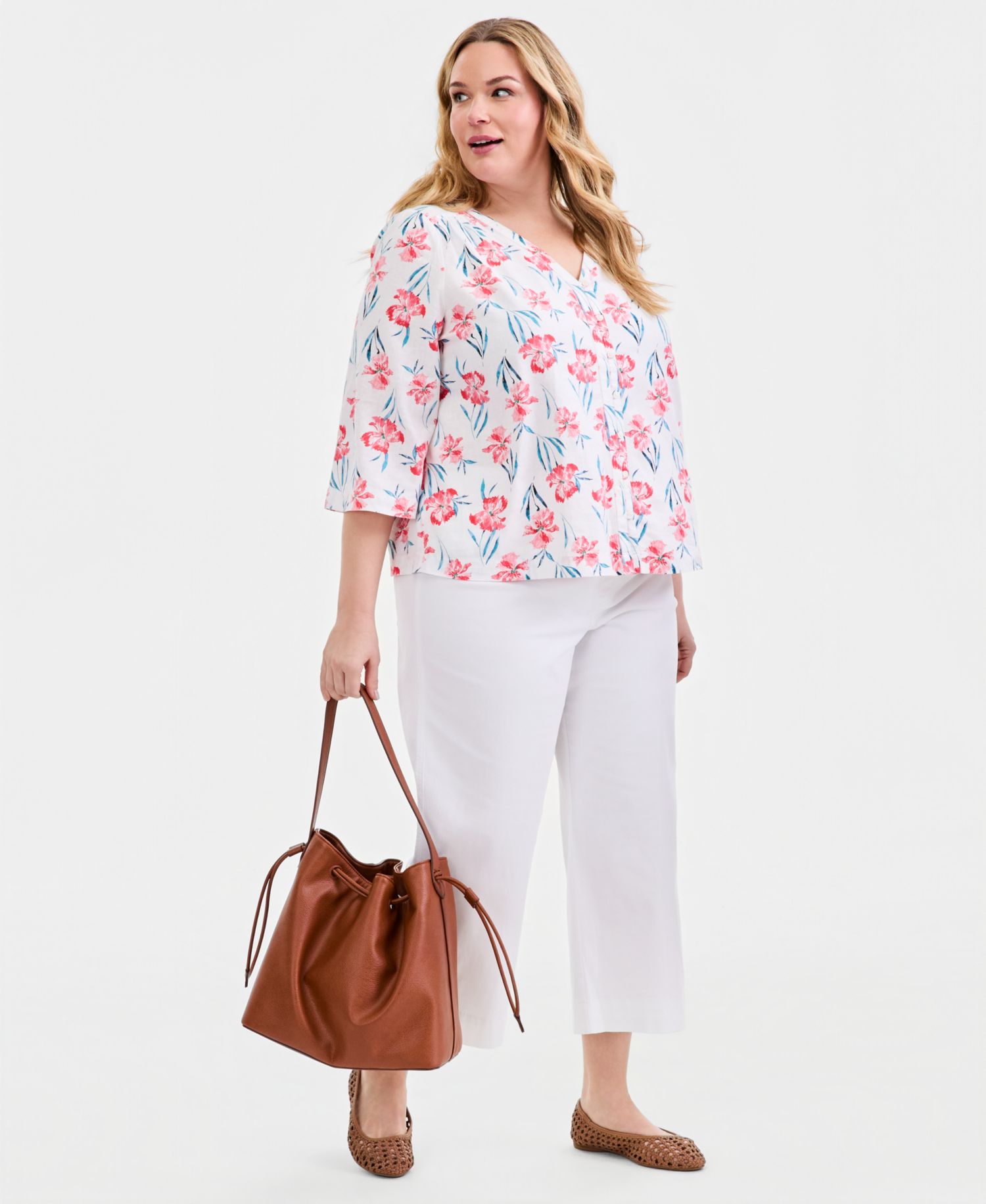 Plus Size Printed 3/4-Sleeve Linen Blend Blouse