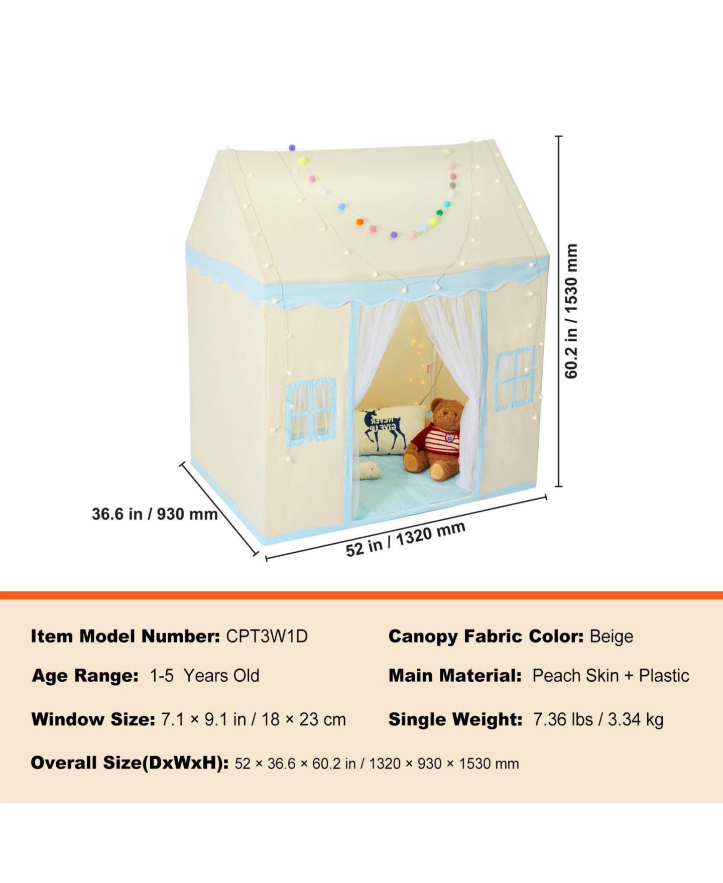 Детская игрушка SUGIFT Castle Design Play Tent with Mat & Lamp, Ages 3+, цвет: Бежевый — фото 3