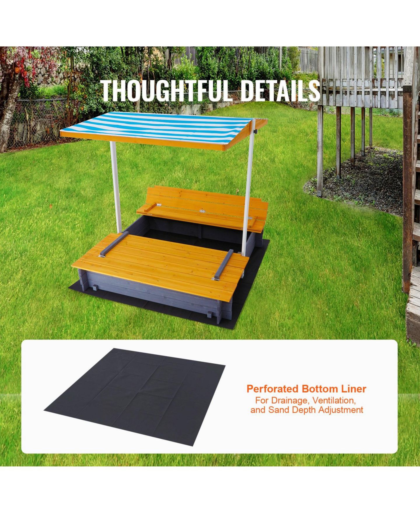 Детская игрушка SUGIFT Large Wooden Sandbox with Canopy & Bench Seats, цвет: Серый — фото 9