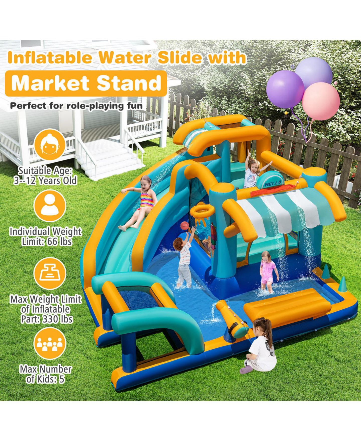 Детская игрушка SKONYON Ice-Cream Themed Inflatable Water Slide Bounce House with Games, Holds up to 5 Kids, Ages 3-12, цвет: Синий — фото 5