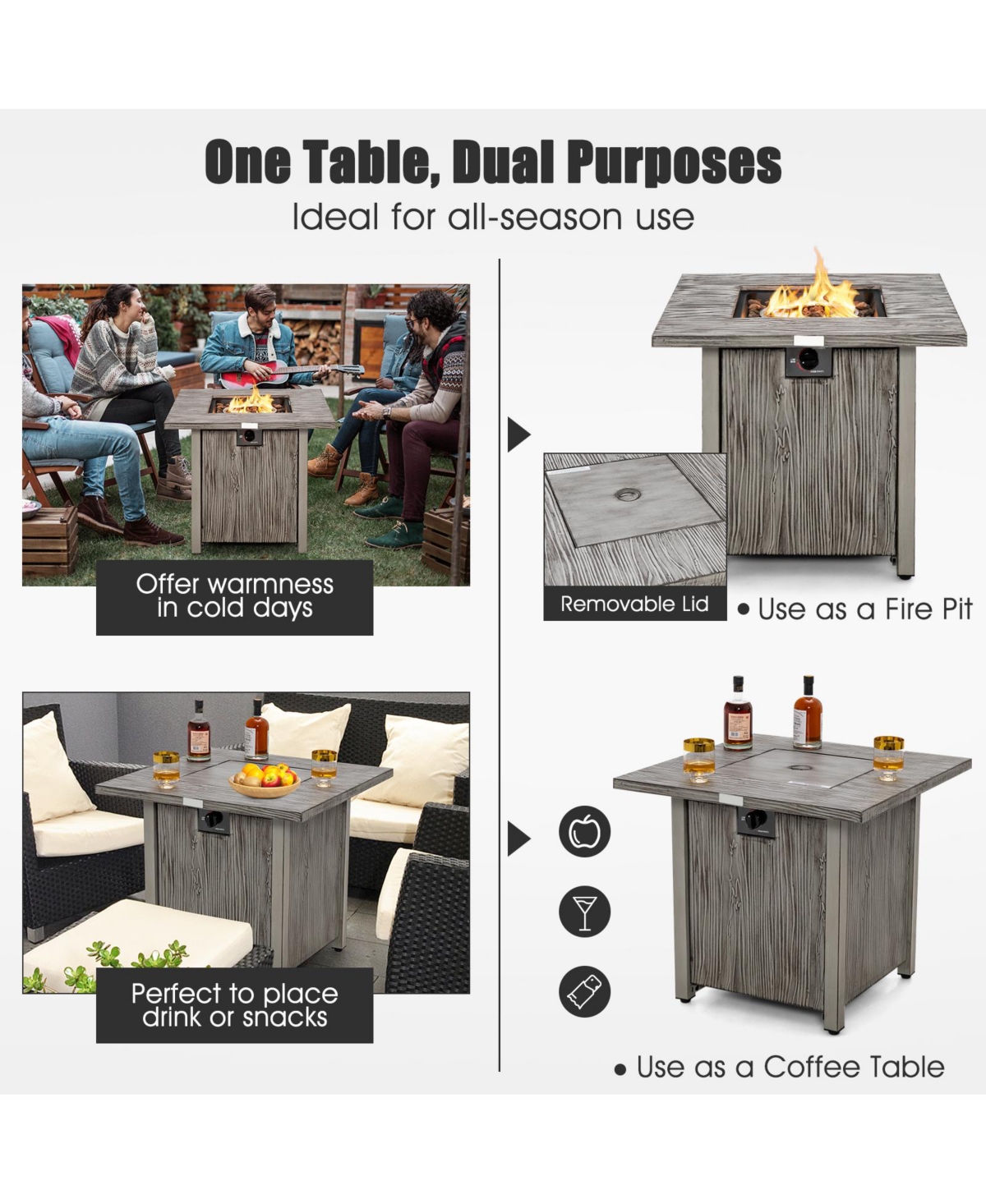 Sugift 28 Inch 40000 Btu Square Fire Pit Table with Lid and Lava Rocks