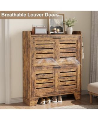 Shoe Storage Cabinet with 2 Flip Drawers, Narrow Shoe Cabinet for Entryway, Freestanding Hidden Slim Shoe Organizer Cabinet with Hooks