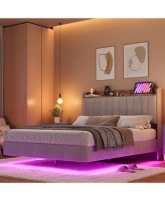 King Floating Upholstered Bed with LED Lights and Charging Station, Storage Headboard and Wood Slat Support, Easy setup - King