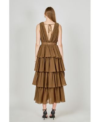 Women's Crinkled Deep V Tiered Maxi Dress