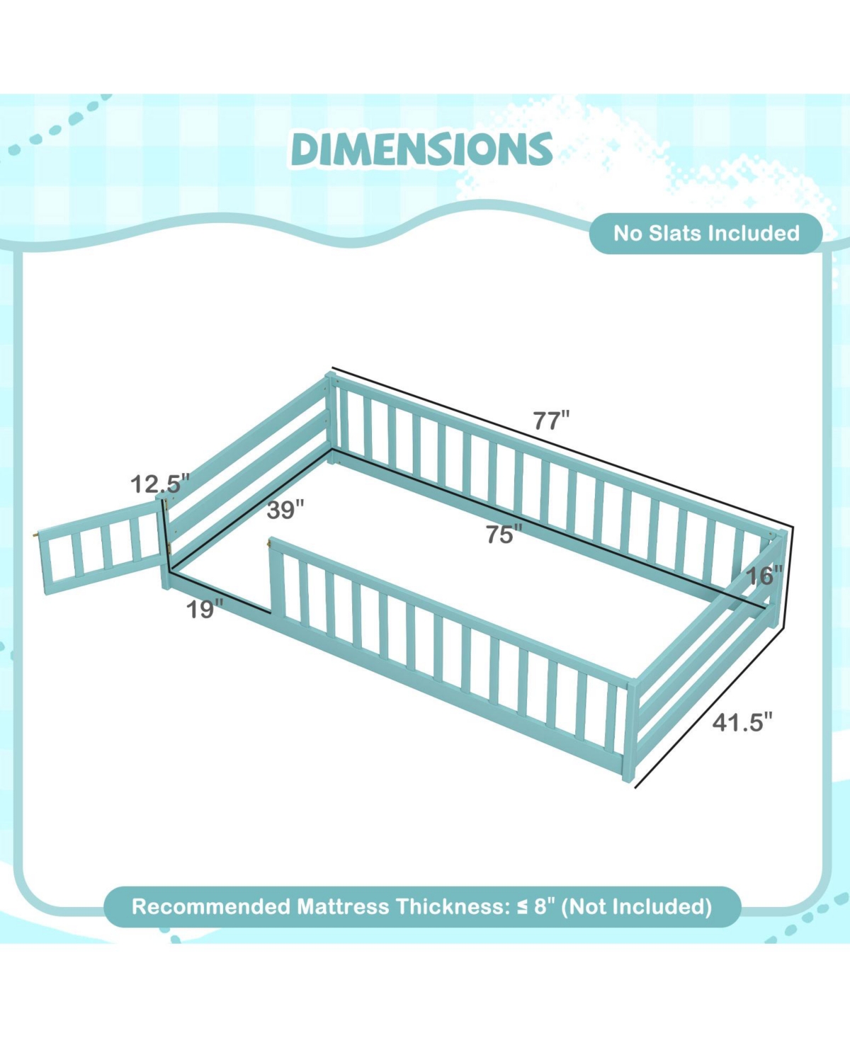 Twin Kids Wood Montessori Floor Bed with Door and Fence