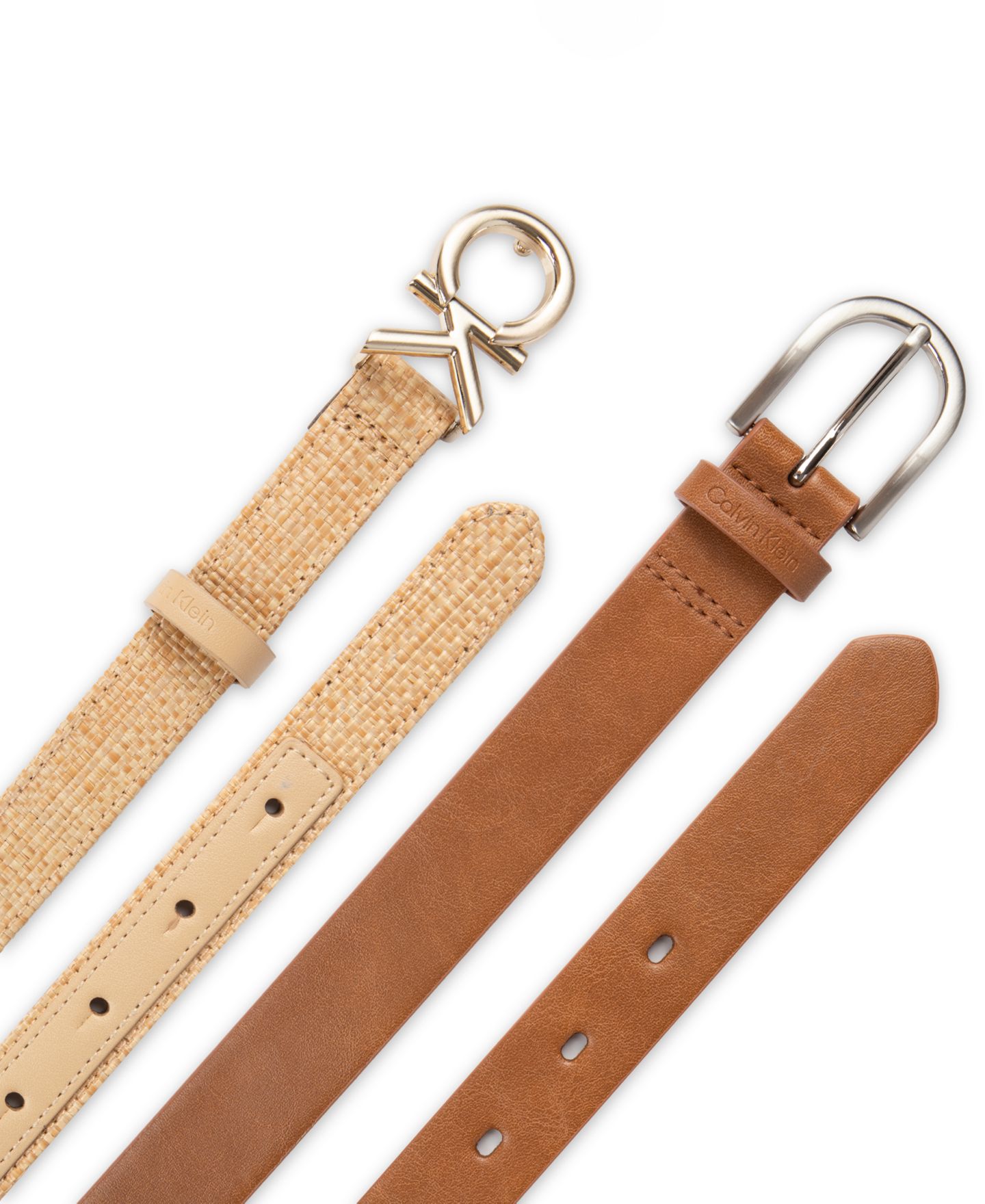 Женские ремни Calvin Klein Two Pack Belt Set - Skinny Monogram Buckle Belt and Harness Buckle Belt Set, цвет: Коньячный / Натуральный — фото 6