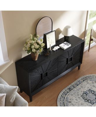 60" Rustic Farmhouse Wood Credenza with Symmetrical Sunburst Doors