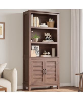 Bookcase with Door 5 Tier Storage Bookshelf Wooden Farmhouse Bookshelves Rustic Vintage Etagere Walnut for Home Office,Living Room