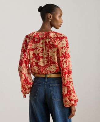 Women's Floral Ruffle Trim Split Neck Top