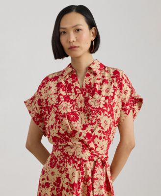 Women's Floral Belted Spread Collar Dress