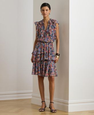 Women's Floral Ruffle Trim Split Neck Dress