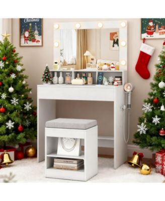 31.5" Vanity Desk with Lighted Mirror, 3 Lighting Modes, and Storage Shelves