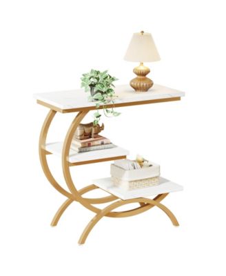 C-Shaped End Table Set of 2, Industrial 3-Tier Small Side Table for Couch, Wood Bedside Table Snack Side Table with Storage Shelves