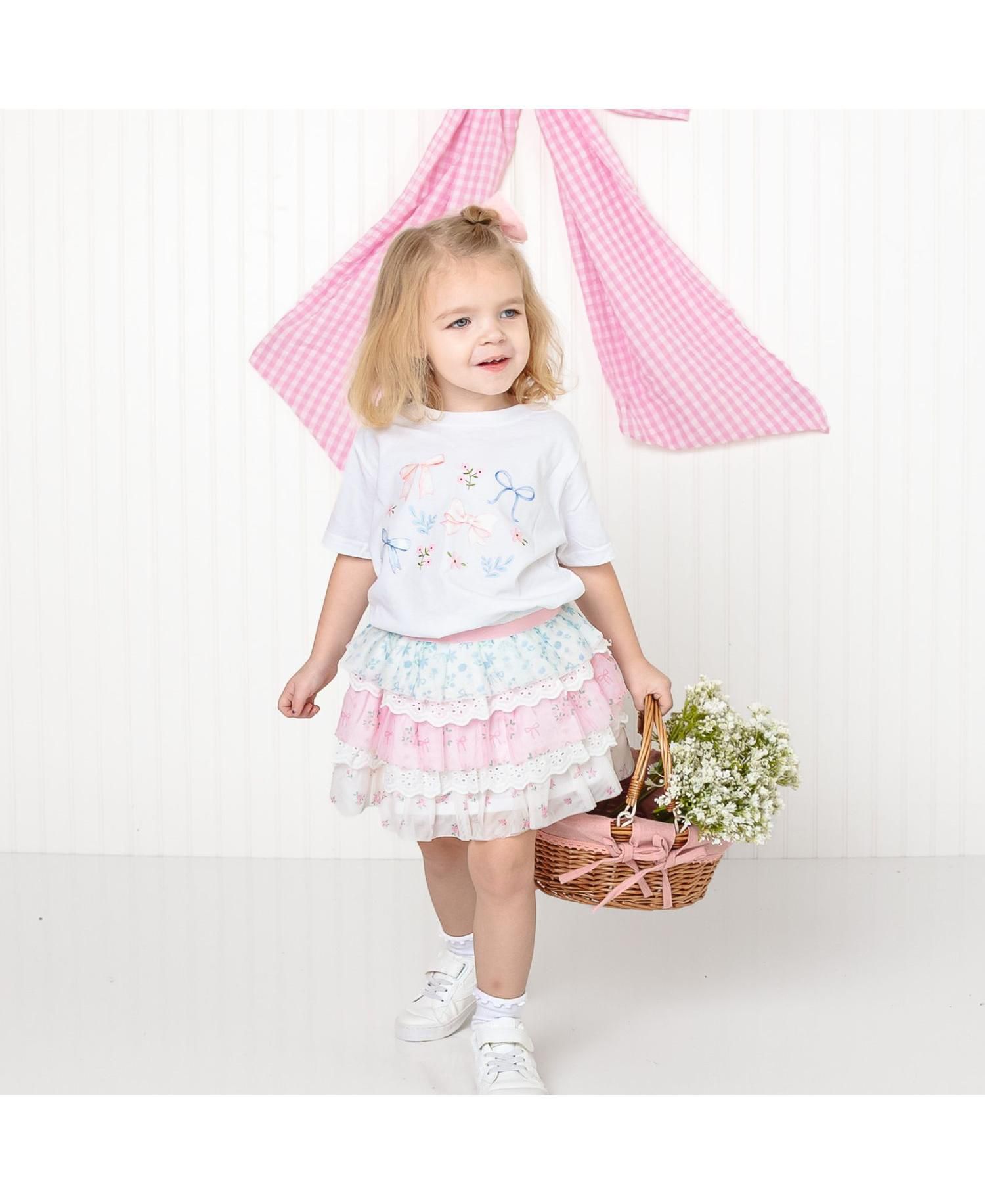 Little Girls Floral & Bow Watercolor Short Sleeve T-Shirt