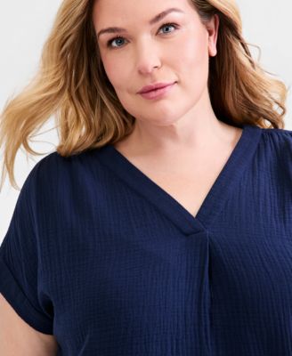 Plus Size Solid V-Neck Camp Shirt, Macy's  Exclusive