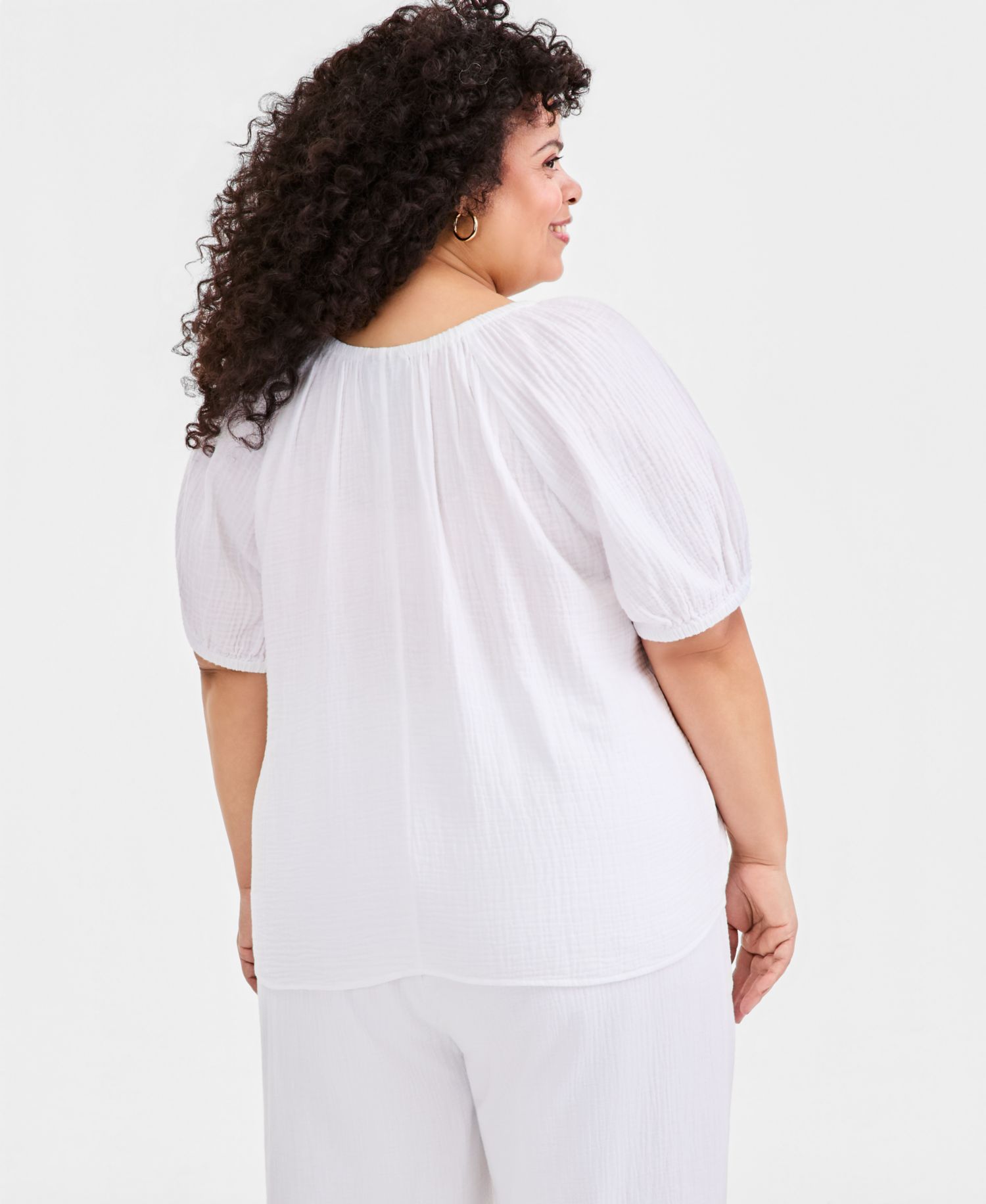 Plus Size Cotton Gauze Scoop-Neck Puff-Sleeve Top