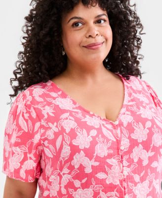 Plus Size Printed Flutter-Sleeve Cotton Dress