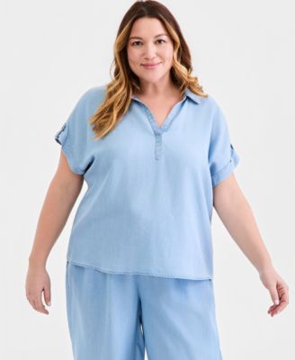 Plus Size Collared Popover Top