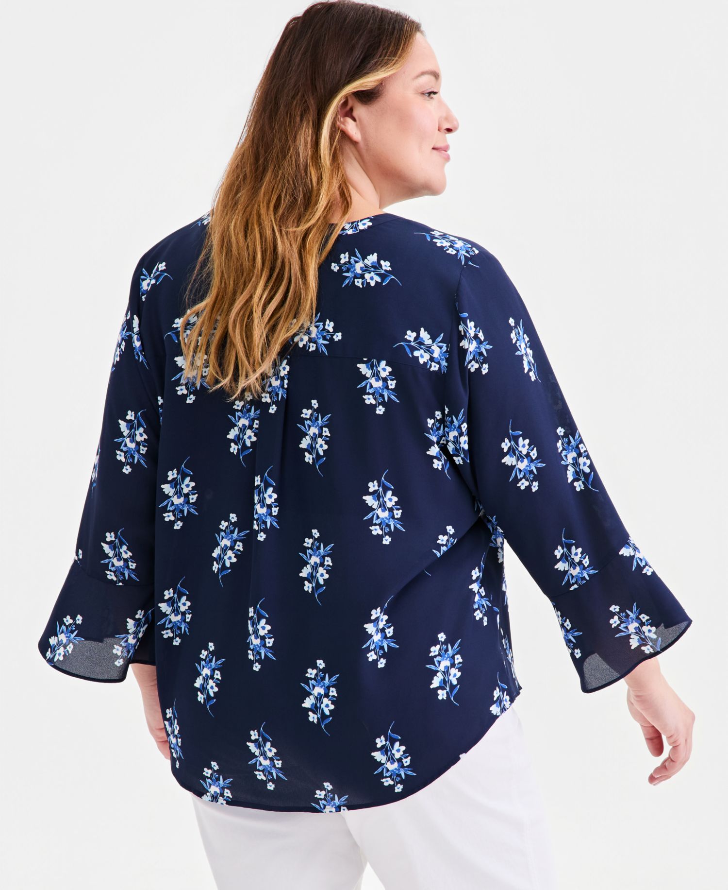 Plus Size Printed Pintuck Bell-Sleeve Top